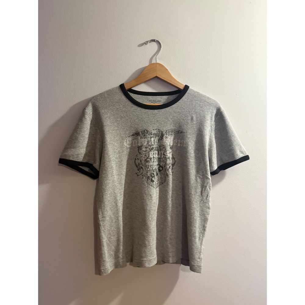 Calvin Klein Jeans Mens Grey Waffle Knit Graphic Ringer T-Shirt XL Y2K Thermal